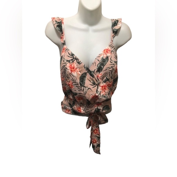 Express VTG Y2K Hawaiian Print Wrap Style Crop Top M Smock Back Floral Ruffles - Picture 1 of 7